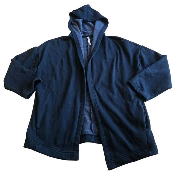 Fabletics womens sz M black open front hooded fleece cardigan sweater - Picture 1 of 9